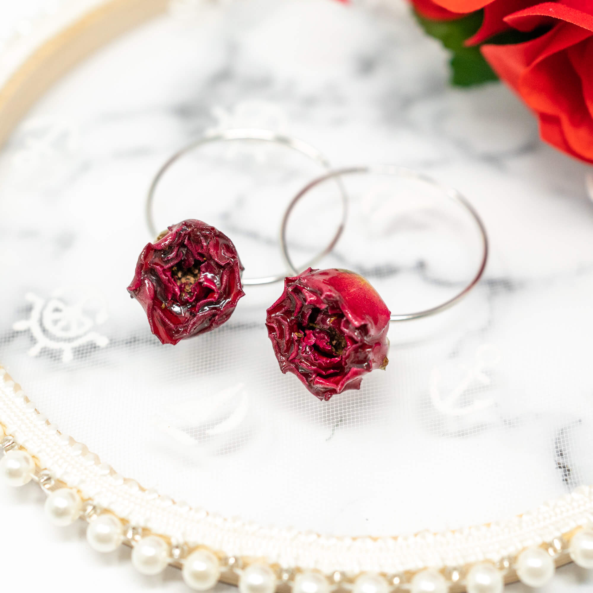 Real Red Rose Hoop Earrings, Real Flower Jewelry, 925 Sterling Silver