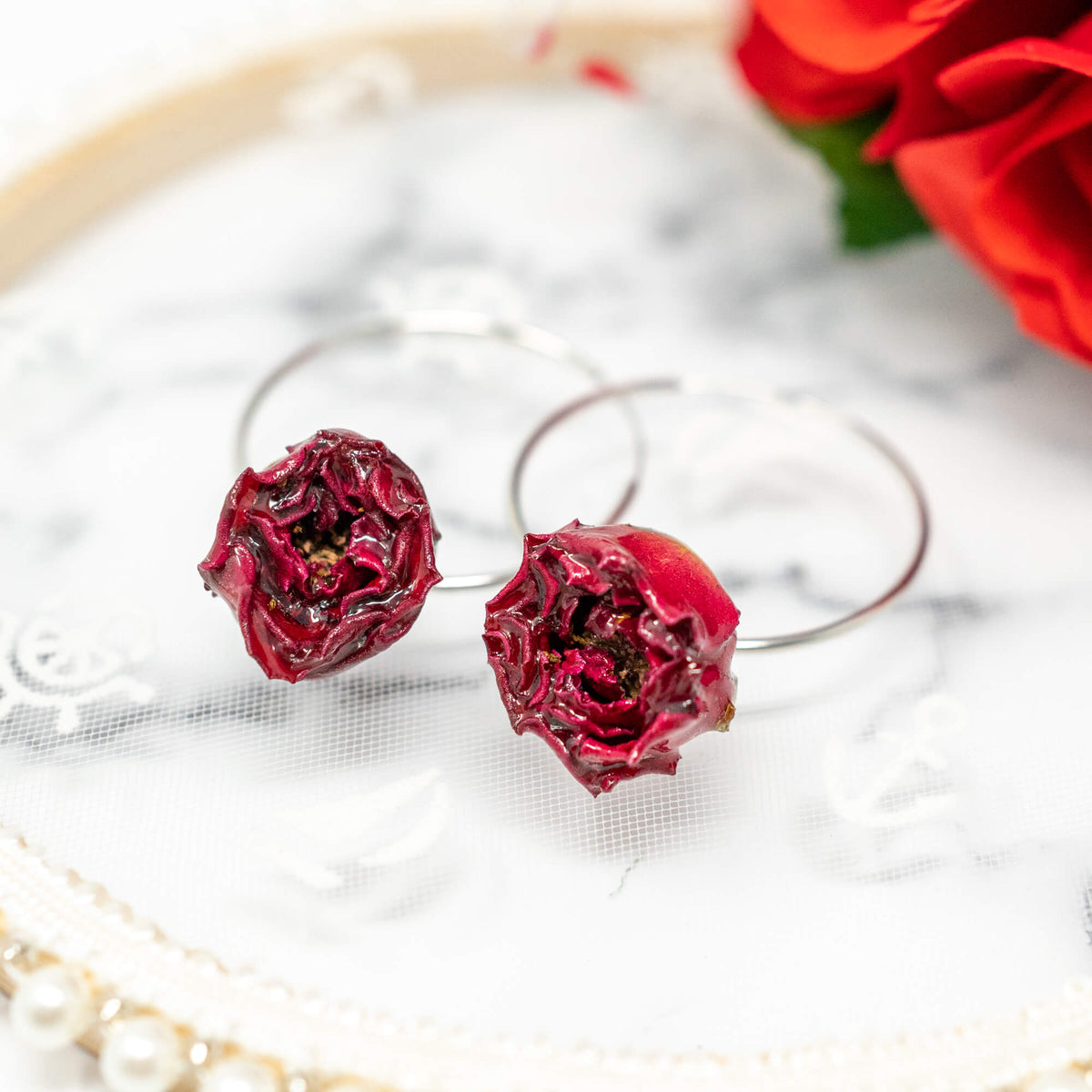 Rose flower hoop earrings deals
