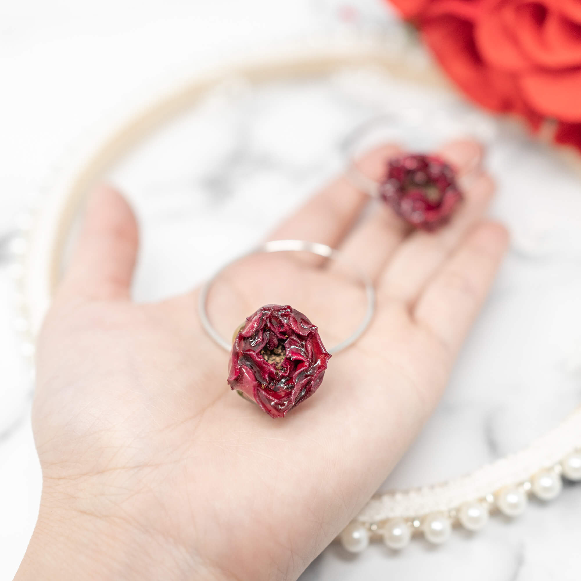 Real Red Rose Hoop Earrings, Real Flower Jewelry, 925 Sterling Silver