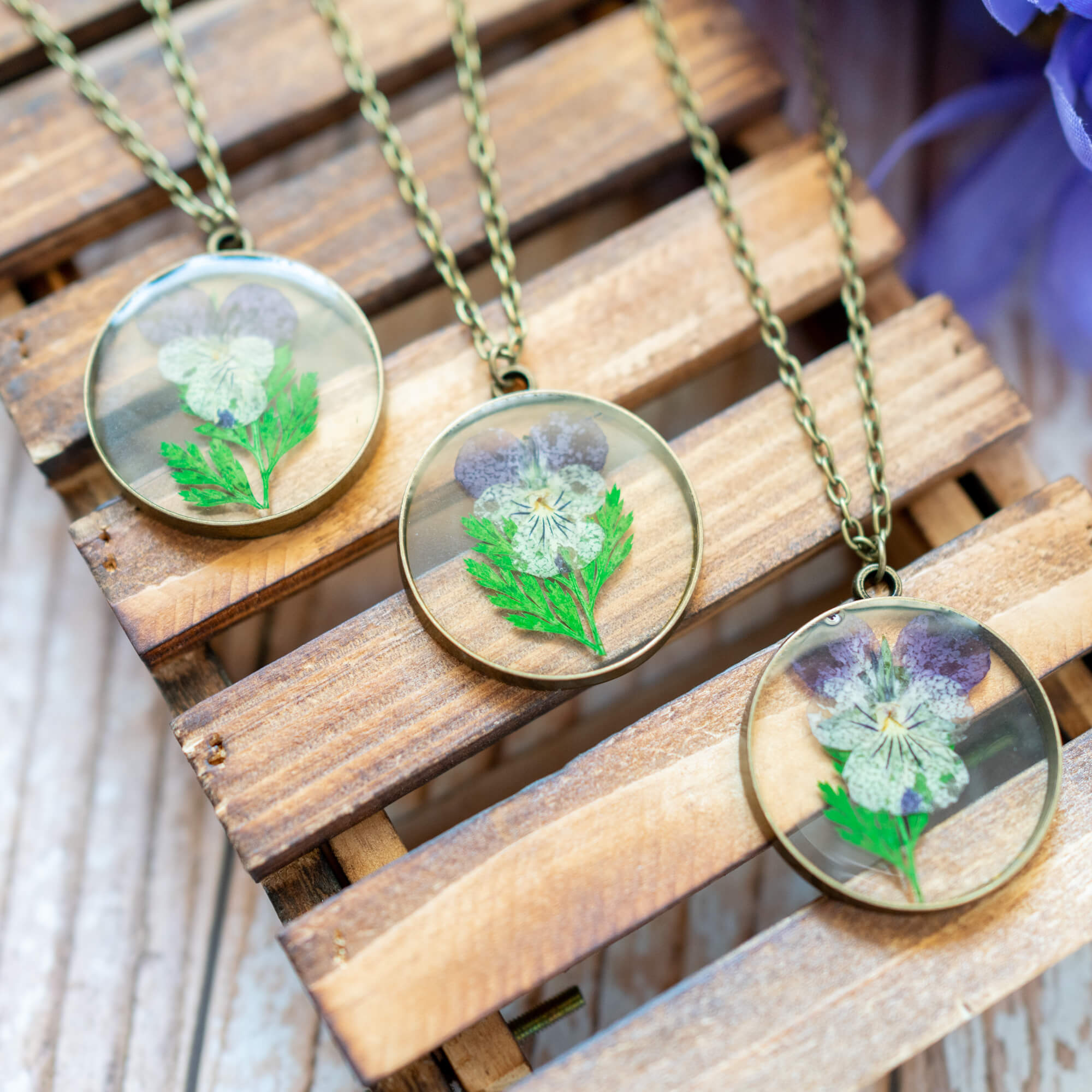 Real Pressed Pansy Flower Green Fern Leaf Necklace