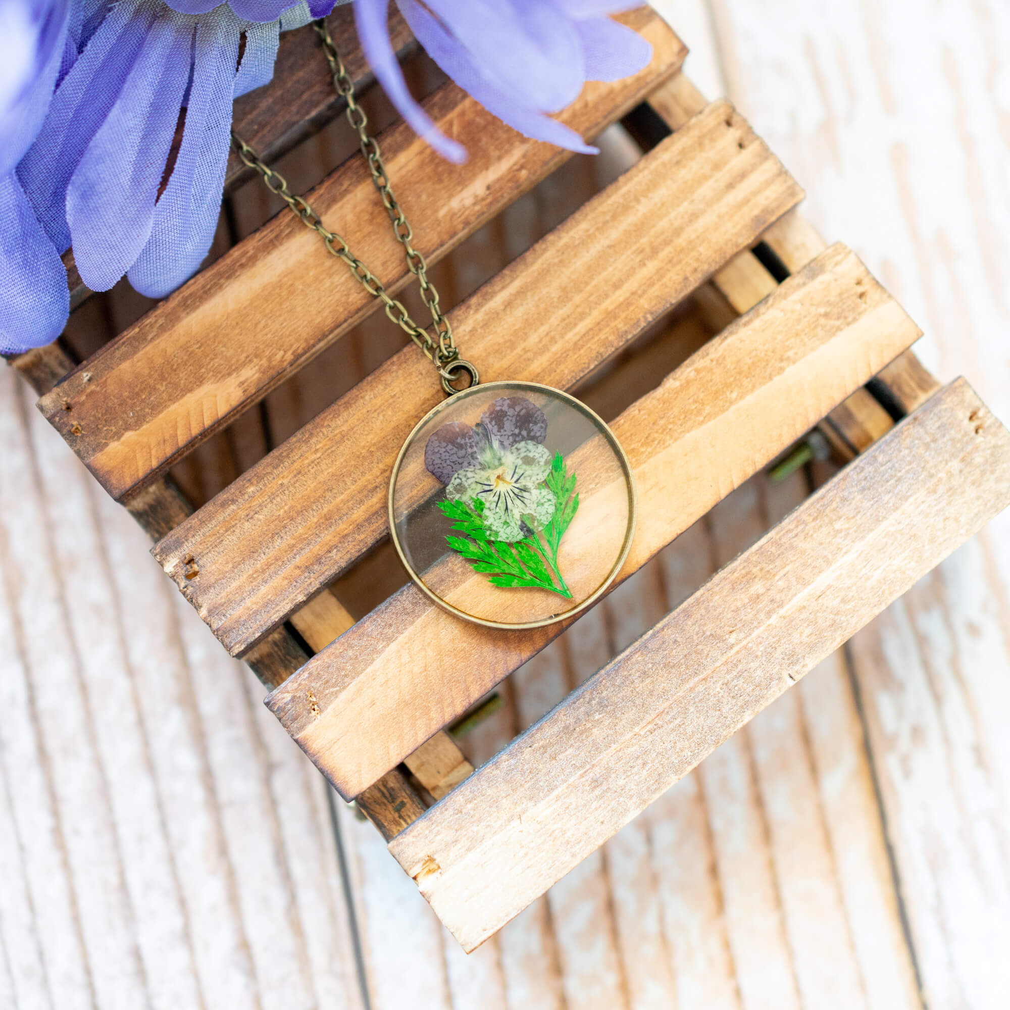 Real Pressed Pansy Flower Green Fern Leaf Necklace